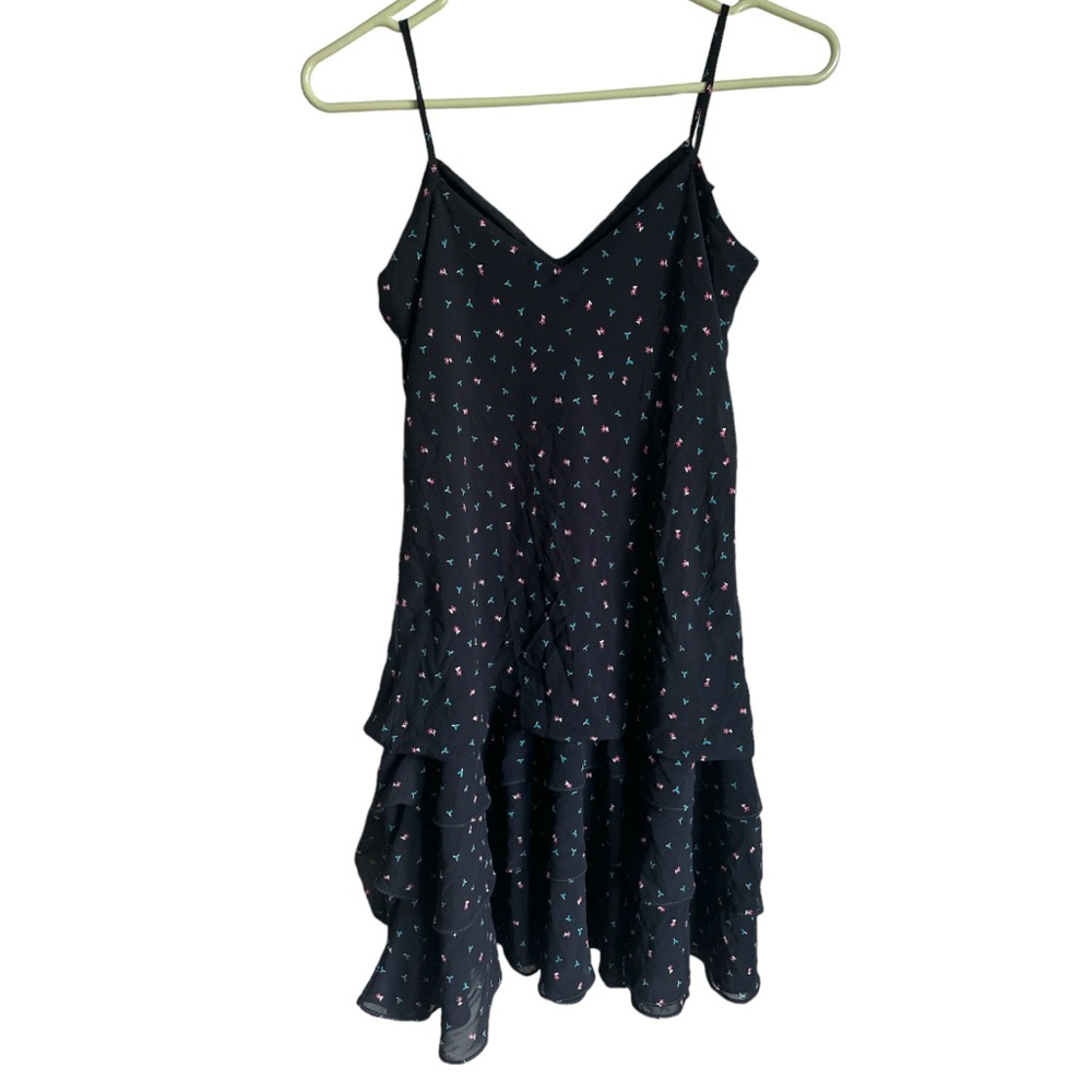 VINTAGE 90s Black Floral Print Spaghetti Strap V-Neck Ruffled Midi Dress